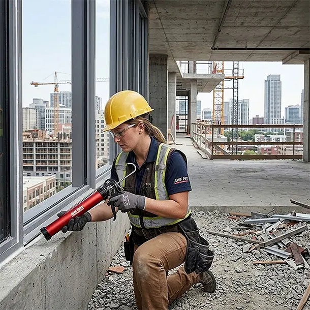 Construction worker wearing hard hat and safety gear applying sealant with a red caulking gun along a window frame on a high-rise jobsite with city skyline in background.